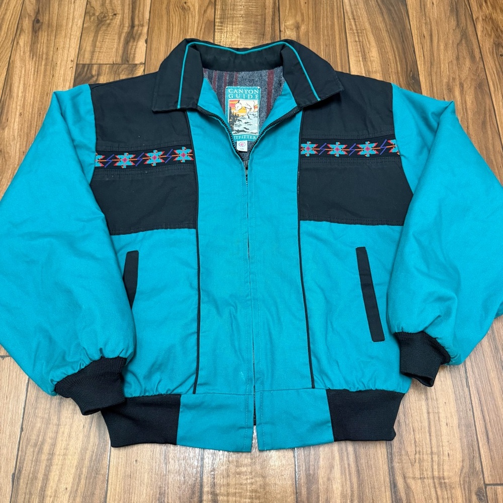 Vintage 90s Canyon Guide Teal Aztec Blanket Lined Jacket USA Made Men’s Large